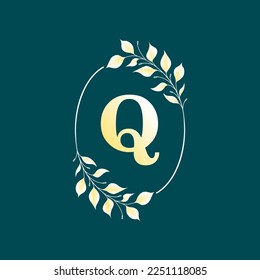 Q letter in elegant oval frame with gold leaf. Vector isolated illustration.