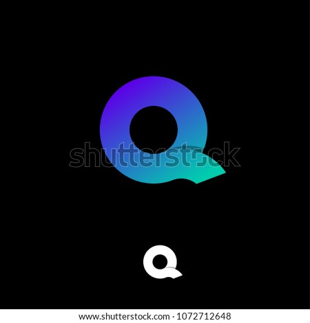Q letter emblem. Q logo. Violet and green gradient letter Q on a black background.