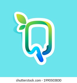 Q letter flow line eco logo with green leaves. Vector green icon perfect to use in your agriculture labels, science posters, spring advertising campaign.