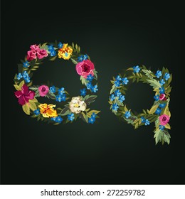 Q letter. Flower capital alphabet. Colorful font. Uppercase and Lowercase. Vector illustration.