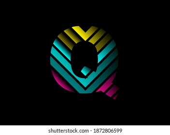 Q letter font logo with cmyk color. Dynamic split blue, pink, yellow color on black background. For social media,design elements, creative poster, brand label and more