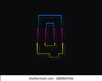 Q-Buchstaben Schriftart, Vektordesign-Logo. Dynamisch, gespalten, blau, rosa, gelb auf schwarzem Hintergrund. EPS10-Illustration