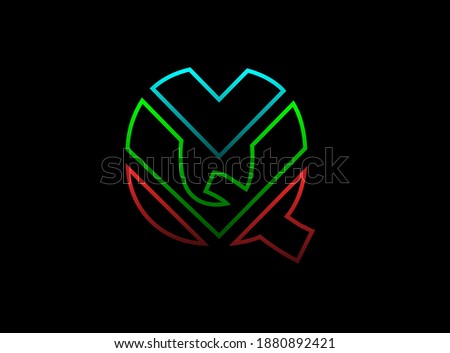 Q letter font, vector design logo. Dynamic, rgb split-color, red, green, blue on black background. Eps10 illustration