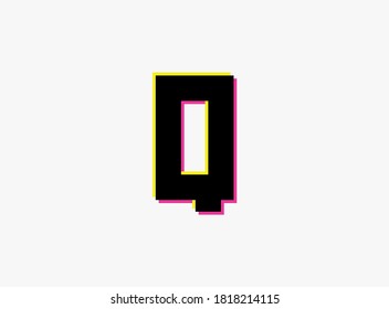 Q Letter font, vector desing alphabet. Dynamic, split-color, shadow of  number pink and yellow on white background. For logo, social media,design elements, creative poster, etc.