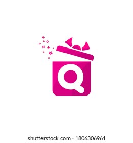 q letter Gift box Logo Design Vector Template.Logo gift template. Letter q in the box for present. Concept design present emblems and signs. Gift box icon pink colorq gift box logo