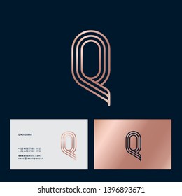 Q letter. Gold Q monogram consist of thin lines isolated on a dark background. Business card. Web, UI icon. Identity. 