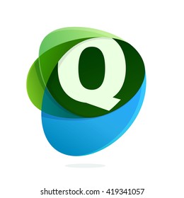 Q letter with green leaves and blue drops. Vector design template elements for your eco application or corporate identity.