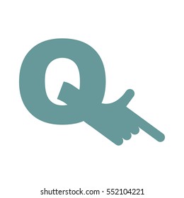 Q letter hand isolated. Forefinger lettering on white bacgkround.  
