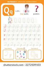 Q letter handwriting practice worksheet. Alphabet letter tracing worksheet for kids with games and bright illustrations. Learning alphabet activity page. Printable template.