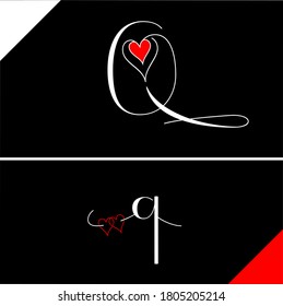 Q letter with heart vector on black background. Q love letter logo design. Q with Red love letter. Love letter Q logo vector design for valentines day sale background with heart icon.