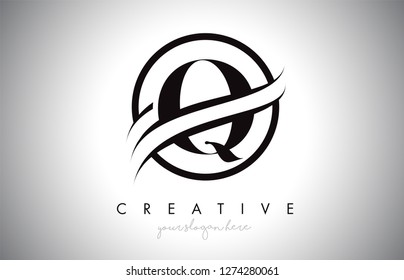 Q Letter Icon Logo Design with Circle Swoosh Border and Black Colors. Creative Q Design Vector Illustration.
