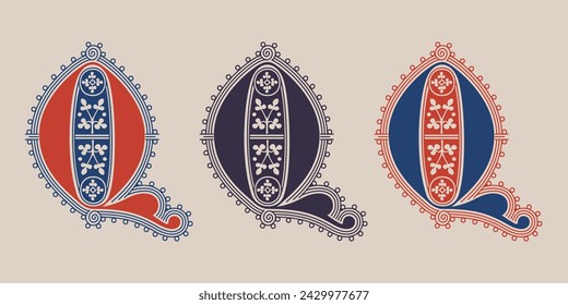 Q letter illuminated gothic monogram with naturalistic flowers ornament. German drop cap. Dark age decorative logo. Classic medieval red and blue Latin initials font based on XIV century manuscript.