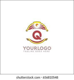 Q letter landscape vector illustration. Vintage sunset logo with sun.