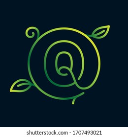 Q letter leaf logo in a circle. Impossible one line style. Perfect green icon for environment labels, landscape posters and garden identity, etc.