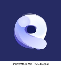 Q Brief lila farbiges Logo im Glass-Morphismus-Stil. Überschneidungen der Leitungen anfänglich. Symbol mit Glanz, Farbverlauf, Splash. Transparentes, gefrorenes Blumenzeichen. Perfekt für App, modernes Design, lebhafte Werbung.