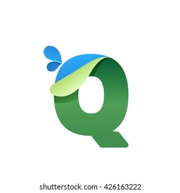 Q letter logo with blue drops and folded corner. Vector paper style typeface. Ecology letter for card, app icon, corporate identity, label or poster.