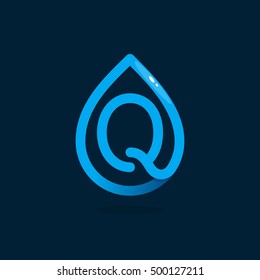Q letter logo in blue water drop. Line style icon. Vector ecology elements for posters, t-shirts and cards.