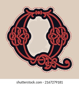 Q letter logo with Celtic knots, spiral lines, and red dots. Dim colored medieval initial. Perfect icon for ancient identity, Middle Ages print, barbarian posters, and heraldic monograms.