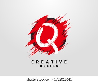 Q Letter Logo In Circle Grunge and Hand Drawn Splatter Line Element. Red Grunge Ink Splash Explosion Icon design.