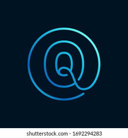 Q letter logo in a circle. Impossible line style. Perfect blue icon for digital labels, nightlife print, neon advertising, etc.