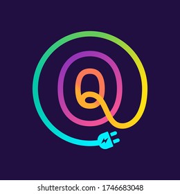 Q letter logo in a circle with plug adapter cable. Impossible one line style. Perfect wire icon for technology labels, charge posters, electric company, etc.