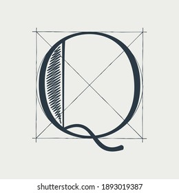 Logo de la letra Q con líneas de cuadrícula de construcción. El personaje vectorial serif perfecto para usar en cualquier marca de arquitectura, afiches boutique, identidad de lujo, etc.