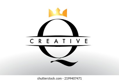 Q Letter Logo with Creative Crown Design Icon and Golden Colors Vector Illustration