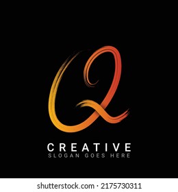 Q Letter logo design in brush stroke. Abstract glossy colorful logotype vector design template in black background