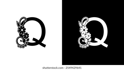 Q letter logo design combined with flowers