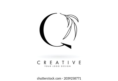 Diseño del logotipo de letra Q con ilustración vectorial de hojas elegantes y delgadas. Icono creativo con letra Q.