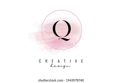 Q letter logo design with glittery round frame and pink watercolor background. Creative vector illustration with water drops.