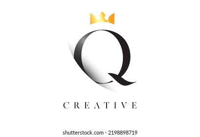 Q Letter Logo Design with Golden Luxury Royal Crown Icon and Shadow Letter Vector. Serif Font q Logo Elegant Minimalist Design.