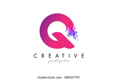 Q Letter Logo Design with Ink Cloud Flowing Texture and Purple Colors.
