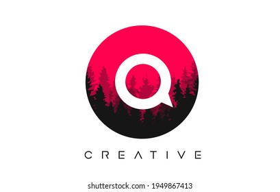 Q Letter Logo Design with Pine Forest Vector Shapes and Red Circular shape Color Illustration