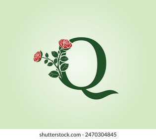 Q Letter logo design with red rose flower and leaves on a green background. Initial Letter Q Vector Illustration combined with Botanical elements.