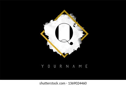 Q Letter Logo Design with White ink Stroke over Golden Square Frame.