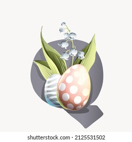 Q letter logo with Easter eggs in classic design, lily of the valley leaves, and snowdrop flowers. Perfect for your greeting cards, and posters design.