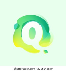 Q letter logo in eco gradient splash blot with green leaf. Negative space environment friendly icon. Illusion effect emblem. Perfect for agriculture art, waste recycling design, healthy food packaging