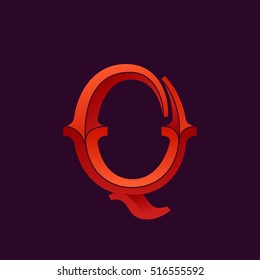 Q letter logo in elegant retro faceted style. Red font. Vintage vector typeface for labels, headlines, posters, cards etc.
