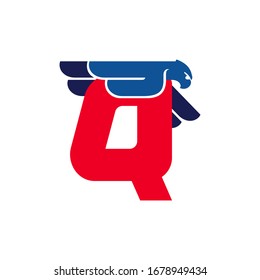 Q letter logo with flying eagle. Vector oblique font perfect for sport labels, army posters and fast delivery identity, etc.