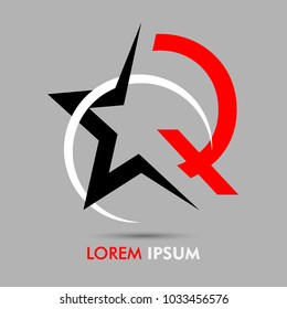 Q letter logo font red with black star and white ring isolated on gray background. Vector design template elements for your application or company identity.