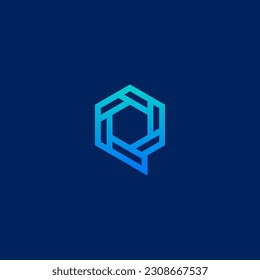 Q-Brief-Logo, geometrischer technischer Stil in Hexagon-Form - blaue grüne Farbe