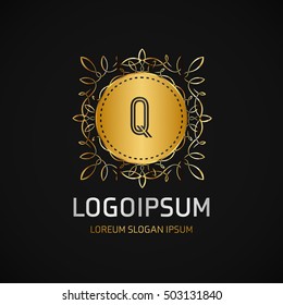 Q Letter logo, Golden Monogram design elements, line art logo. Beautiful Boutique Logo Designs, Business sign, Restaurant, Royalty, Cafe, Hotel, Heraldic, Jewelry, Fashion, Wine. Vector illustration