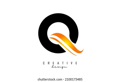 Letra Q Logo con swoosh naranja degradado. Letra Q con elementos geométricos abstractos. Ilustración vectorial creativa con letra.