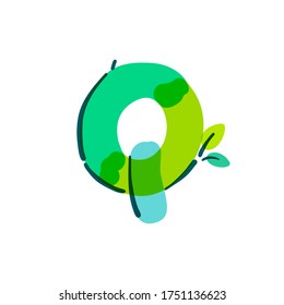 Q letter logo with green leaf handwritten with a felt-tip pen. Vector bold marker font can be used for nature labels, summer headlines, bio posters, ecology cards etc.