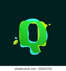 Q letter logo with green watercolor splashes. Color overlay style. Vector ecology typeface for labels, headlines, posters, cards etc.