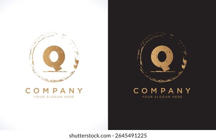 Q Letter Logo With Grunge Round Shape. Modern Unique Creative Q Logo Design Vector Template. Elegant Identity Design In  Gold Color.