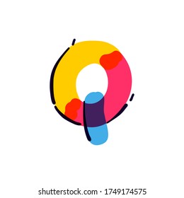 Q letter logo handwritten with a multicolor felt-tip pen. Perfect vector icon for kids design, interior print, cute labels, etc.