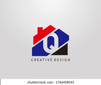 Q Letter Logo. house strip shape with negative letter Q, Real Estate Architecture Construction Icon Design.