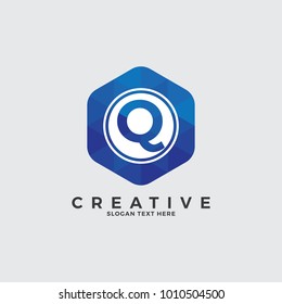 Q Letter Logo Illustration Template. With circle on hexagonal shape. Polygonal style.